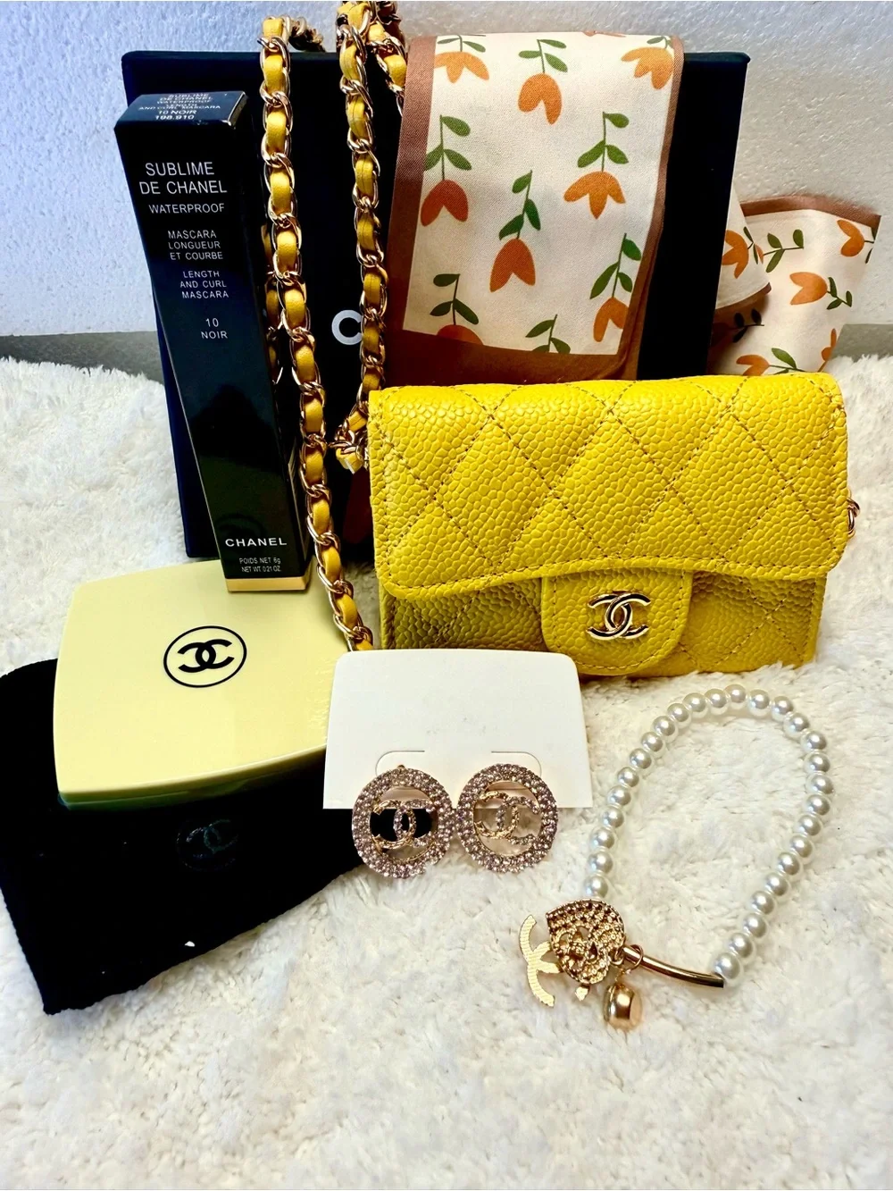 Yellow Quilted Mini Wallet-on-Chain with Gold-Tone